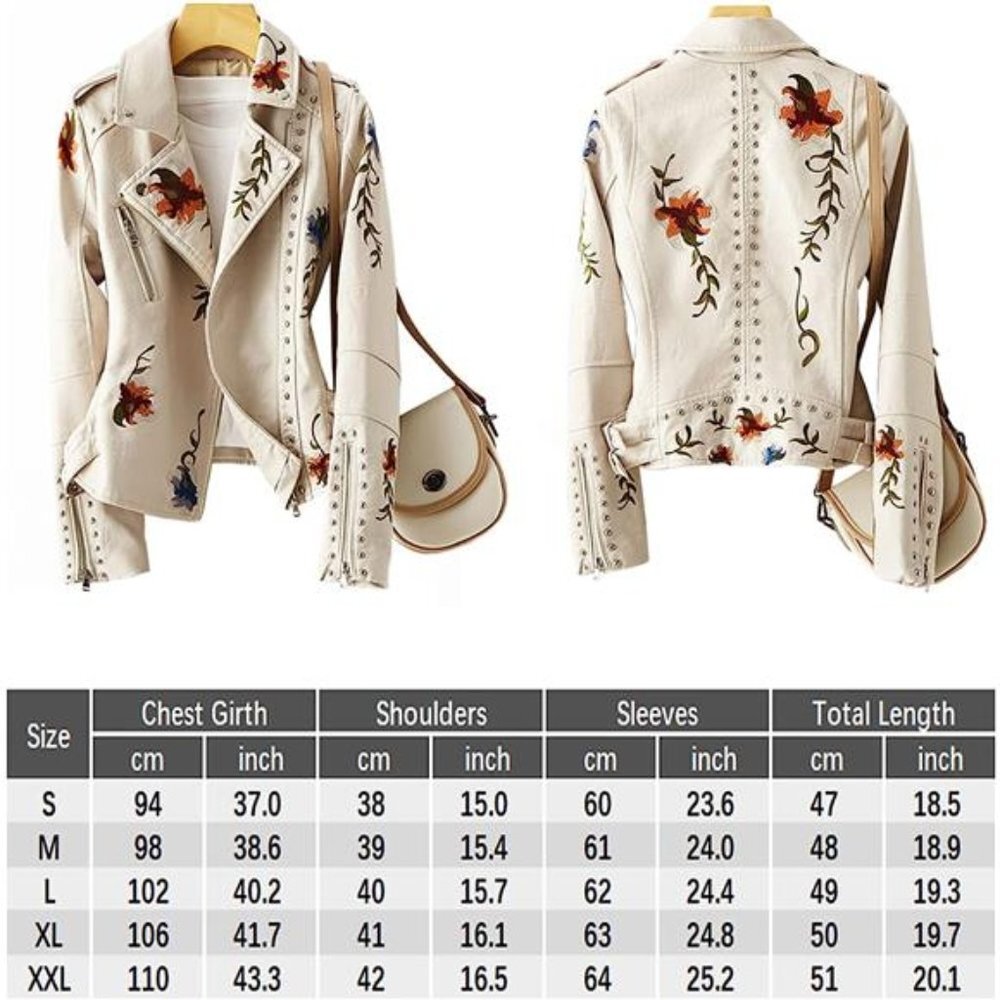 Off White Floral Embroidered Studded Faux Leather Jacket Moto Bomber Jacket Coat - Picture 6 of 6